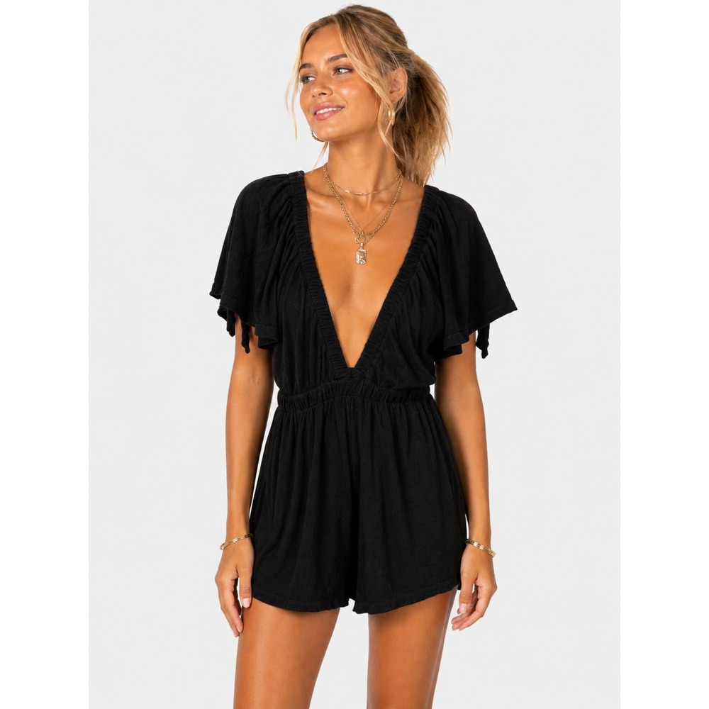 Free People FP Beach La La Romper Black Deep V-Neck Flutter Sleeve XS New NWOT